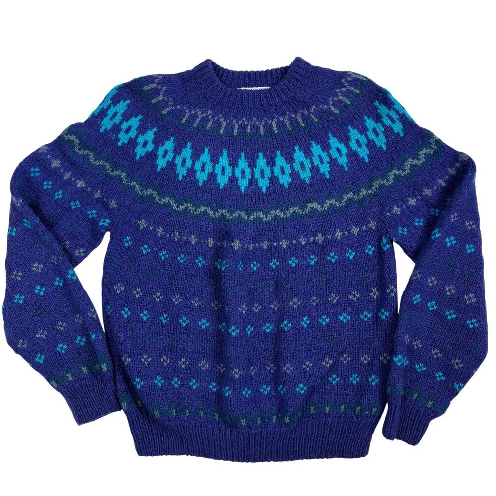Vintage Nomadic Traders women sweater M purple print Wool hippie Gorpcore aztec